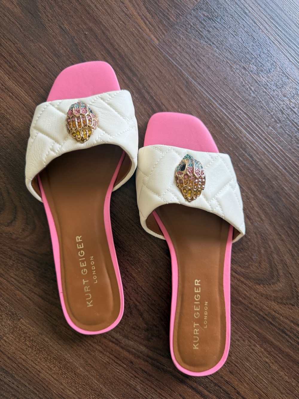 Kurt Geiger White Quilted Slide Sandals with Pink Footbed and Jewel Accent